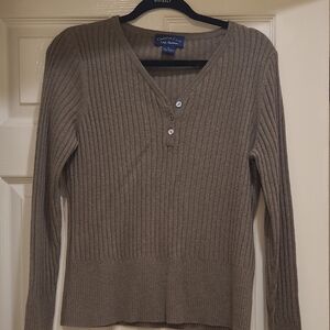 2-ply Cashmere Charter Club Taupe Ribbed V-Neck Sweater